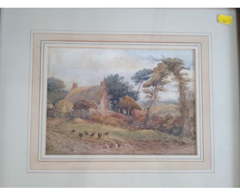 'Hillside Landscape' painting, glazed and framed. Label on reverse "signature appears to be AMH, perhaps Alice May HOBSON. (1