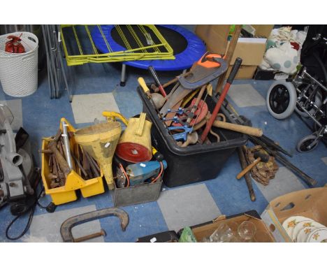 A Quantity of Vintage Tools, Pipe Bender, Vintage Oil Can, Stove etc 