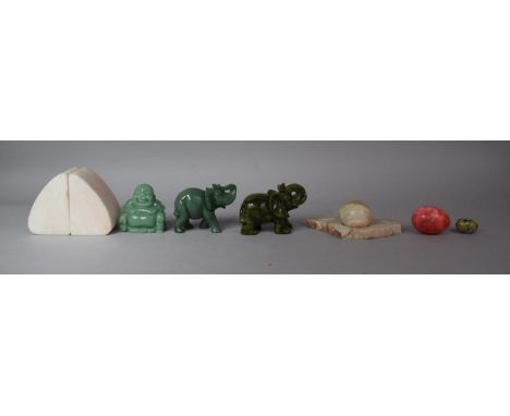 A Collection of Various Jade Effect Ornaments of Elephants and Buddha, Stone Bookends etc 