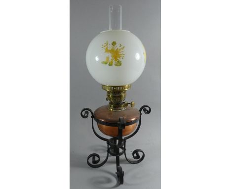 A Wrought Iron Based Oil Lamp with Copper Reservoir, Brass Fittings and Opaque Glass Shade, 60cm High 
