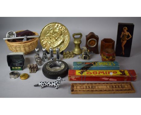 A Tray of Curios to Include Brass Bell Weights, Mantle Clock, Dominoes, Cribbage Board, Slide Viewer, Wicker Basket, Treen Wa