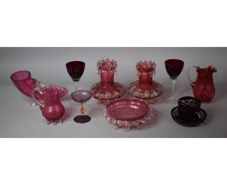 A Collection of 19th Century and Later Cranberry and Ruby Glass to Include Pair of Vases, Cornucopia, Bowl, Cup and Saucer et