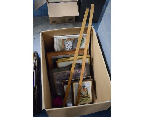 A Box Containing Various Prints, Water Colour, Engraving and Two Yard Stick Rules 