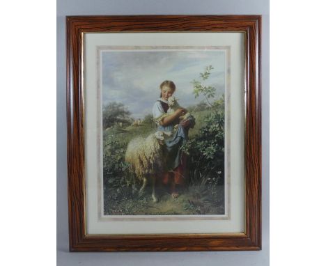 A Framed Print Depicting Girl with Ewe and Lamb, 30cm Wide 