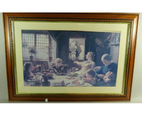 A Modern Framed Victorian Print of Farming Family at Table, 58cm Wide 