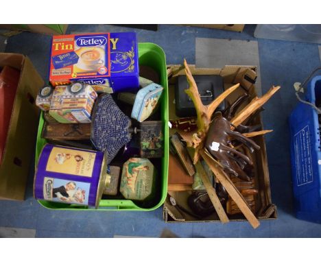 Two Boxes Containing Vintage Tins, Carved Animal Ornaments, Treenware to Include Toast Rack, Boxes, Cash Tin, Folding Ruler e