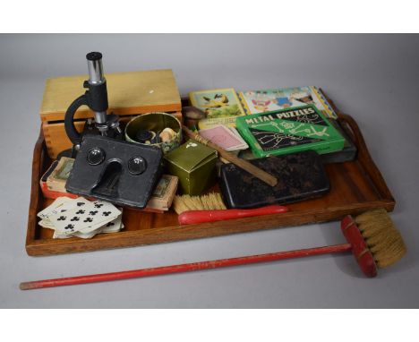 A Tray of Sundries to Include Stereoscopic Viewer, Cased Microscope, Metal Puzzles, Drawing Instruments, Playing Cards etc 