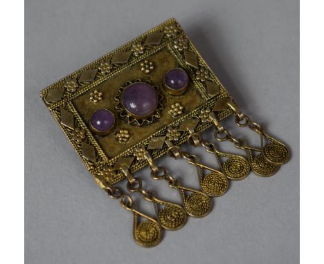 A Jewish Silver Pendant Brooch of Rectangular Form in Inset Amethyst Stones and Filigree Tassels, Stamped Israel, 3.5cm Wide 