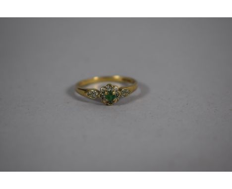 A 9ct Gold Ring Set with Diamond and Green Stone (not Emerald) Size R 