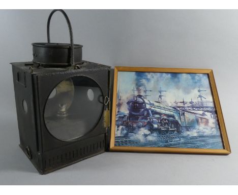 A Vintage Railway Lamp with Original Burner, the Case Numbered 9346 MRSD, 33cm High Together with a Railway Print 