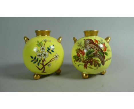 Two Worcester c.1875 Yellow Vases of Spherical Form Raised on Three Ball Feet with Gilt Highlights, One Decorated with Floral