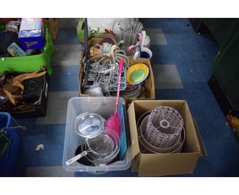 Three Boxes Containing Kitchenwares, Glasswares, Ceramics, Light Shades etc 