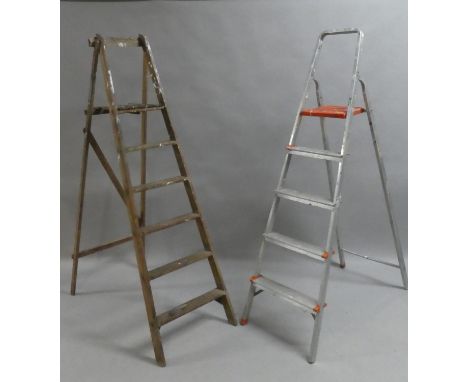 A Vintage Wooden Five Step Stepladder and an Aluminum Example 