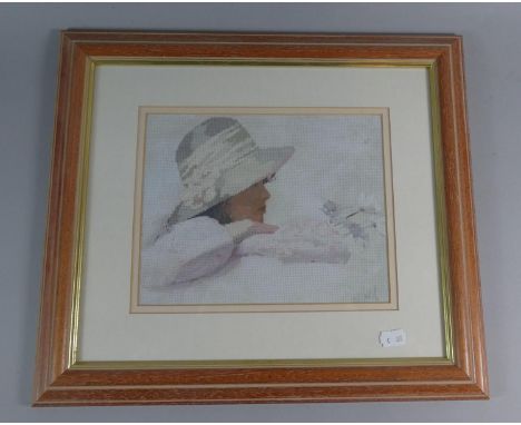 A Framed Cross Stitch Portrait of Girl with Bonnet, 24cm Wide 