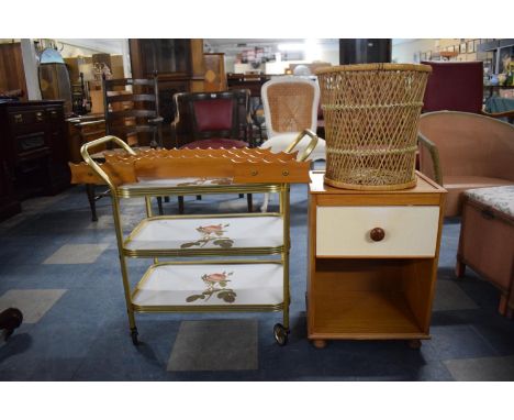 A Three Tier Trolley, Wooden Wall Display Shelf, Wicker Waste Basket and Cabinet 