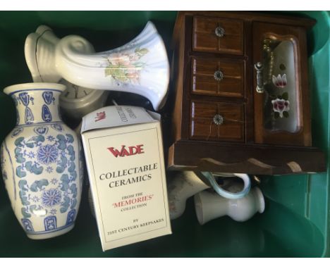 Three boxes of mixed items to include Wade figurines, glass, jug in the form of a penguin, jug decorated with rabbits, other 