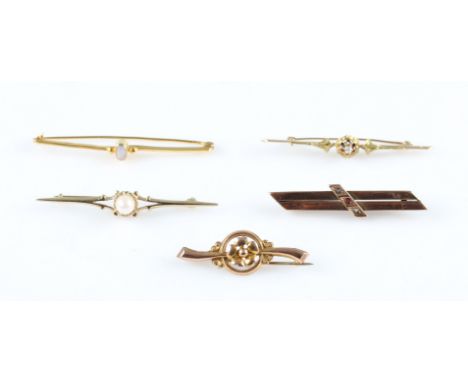 A collection of five brooches, some being stone set to include diamond, opal and pearl, one stamped 9ct, one hallmarked 9ct g
