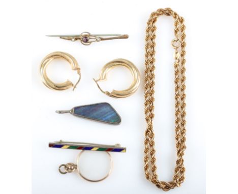 A collection of hallmarked 9ct yellow gold jewellery, to include a rope twist chain, a pair of hoop earrings, a photograph fr