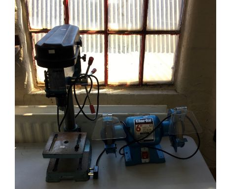 A Clarke metalworker blue painted 6” bench grinder model CBG 6RSC and 1/2” drill press CDP 5DB.