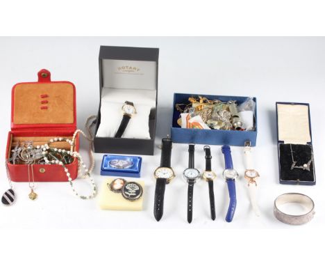 A collection of costume jewellery, to include a Rotary wrist watch, five other wrist watches, a white metal bracelet stamped 