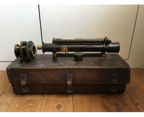 A Troughton &amp; Simms surveyors level, in wooden box, in leather case.