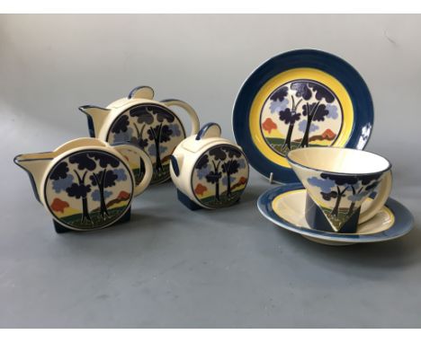 A Moorland Bradwell pattern teaset including teapot, cream jug and sugar port, with six cups, six saucers and two side plates