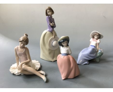 Four Nao figurines including seated female with bird, ballet dancer and small girl.