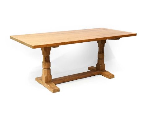 Workshop of Robert Mouseman Thompson (Kilburn): An English Oak 6ft Refectory Table, 1998, the adzed rectangular top on two oc