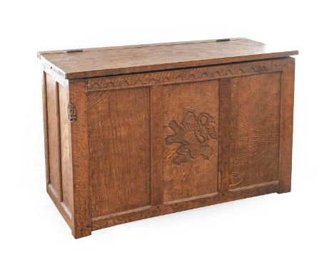 Gnomeman: Thomas Whittaker (1912-1991) (Littlebeck): An Oak Panelled Blanket Chest, with rectangular adzed hinged top, the ce