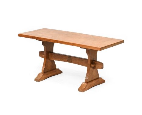 Squirrelman: Wilfrid Hutchinson (Husthwaite): An Oak 3ft Refectory Coffee Table, the adzed rectangular top, on a pegged trest