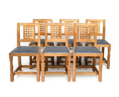 Workshop of Robert Mouseman Thompson (Kilburn): A Set of Six English Oak Lattice Back Dining Chairs, 1997/8, blue cow hide se