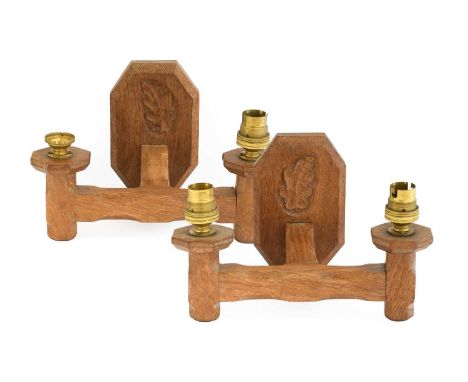 Oak Leafman: Fred Suffield (Thirsk): A Pair of Oak Double Wall Light Brackets, the shaped rectangular backs mounted with an a