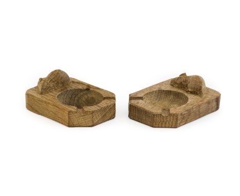 Workshop of Robert Mouseman Thompson (Kilburn): Two English Oak Ashtrays, of standard rectangular form, each with carved mous