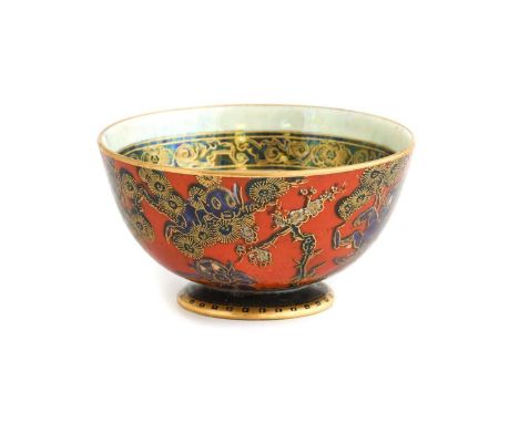 A Wedgwood Fairyland Lustre Red Firbolgs I Bowl, designed by Daisy Makeig-Jones, the centre with a mouse at a spinning wheel,