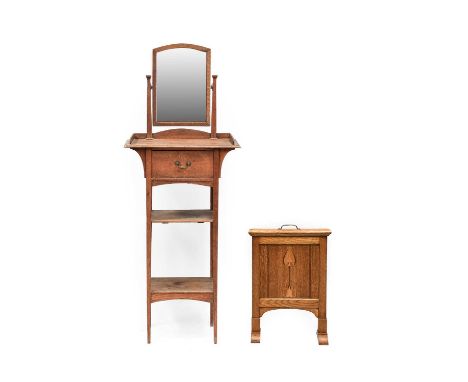 An Arts & Crafts Oak Fire Screen, with inlaid panel, on sledge feet, brass carrying handle, unmarked, 45cm wide, 15cm deep, 6