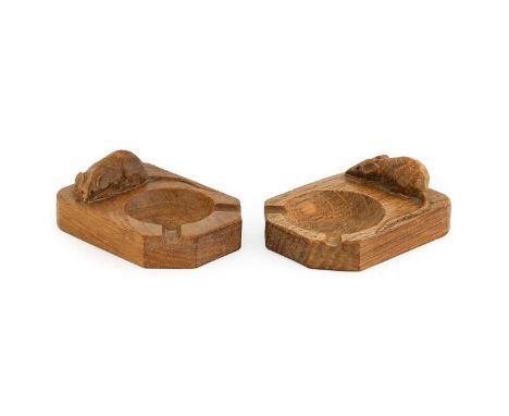 Workshop of Robert Mouseman Thompson (Kilburn): Two English Oak Ashtrays, of standard rectangular form, each with carved mous