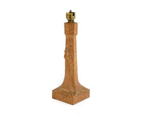 Workshop of Robert Mouseman Thompson (Kilburn): An English Oak Table Lamp, octagonal column on a square base, with carved mou