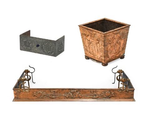 An Arts &amp; Crafts Pewter Mounted Oak Book Trough, embossed with Yorkshire roses and inscribed A BOOK, unmarked, 34cm wide,