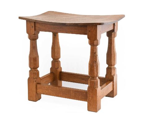 Workshop of Robert Mouseman Thompson (Kilburn): An English Oak Dish Top Stool, 1970s, the rectangular nailed and adzed top, o