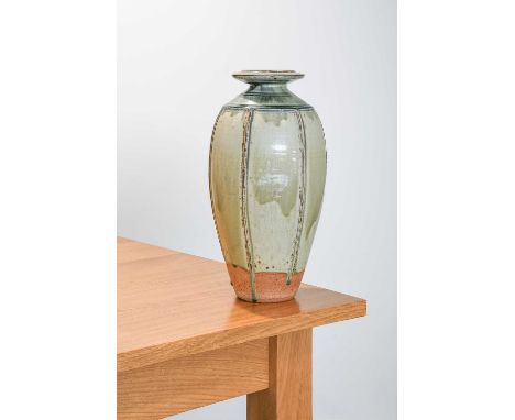 Richard Batterham (1936-2021): A Tall Stoneware Vase, ash glaze, unmarked, 43.5cm highPurchased in the 1990s direct from pott