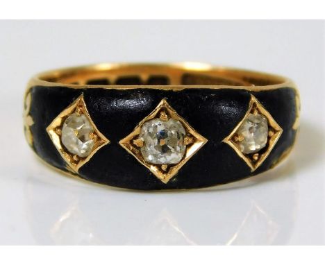 A Victorian 18ct gold memorial ring with date of 1881 set with approx. 0.4ct of diamond 4.1g size M 
