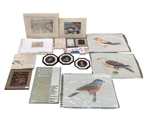 A quantity of mixed pictures, tiles, artwork, studies, unframed prints, artwork reliefs, octagonal framed studies from Pompei
