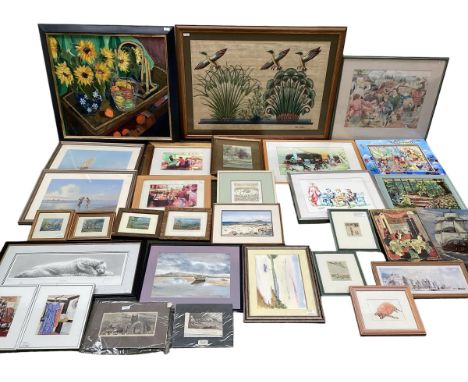 A large collection of decorative pictures, prints, amateur art work, watercolours etc, including Jennie Dunn, Sunflowers in B