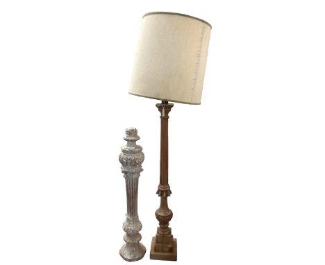 A carved wooden column table lamp on stepped base, 73cm H, and a carved wooden column 63cm H; Fawley Manor Clearance 