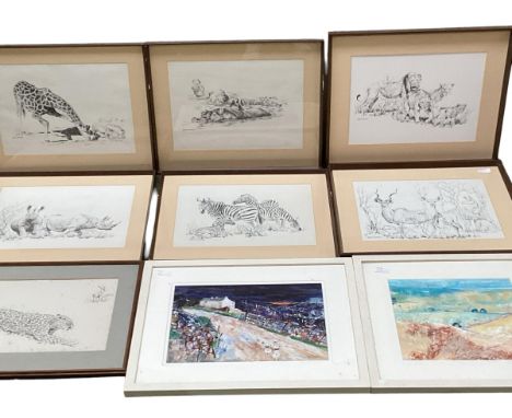Quantity of pictures and prints to include  a Cecil Aldin Hunting print, and a set of framed and glazed pencil sketches of Af