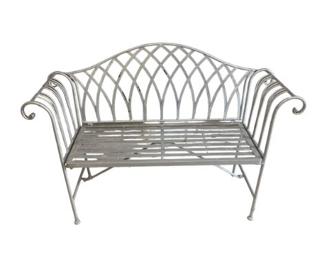 A metal silvered colour lattice work decorative two seater bench, approx 116cmW 