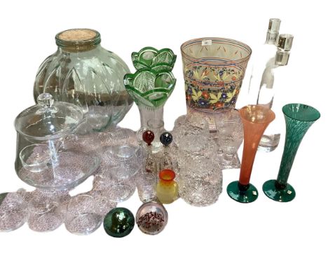 A large quantity of glass to include a HSA Glass punch bowl and ladle and glasses etc; vases, vessels, Egyptian scent bottles