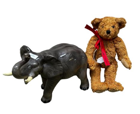 A ceramic Mella-ware model of an elephant29cm High  x 37cm ; together with a vintage Deans teddy bear 32cm 