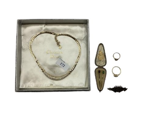 A 9ct gold diamond set ring together with a Christian Dior necklace , boxed enamel tie pins etc. 