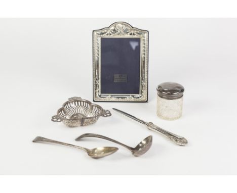 FOUR PIECES OF GEORGE III AND LATER SILVER, comprising; SPOON, crested, London 1818, maker's mark, TO, SAUCE LADLE, inscribed